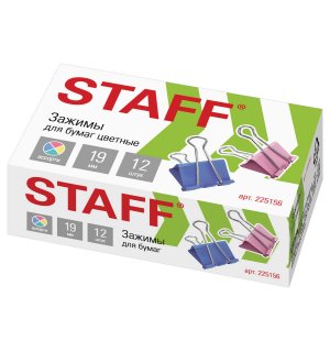 STAFF Зажимы для бумаг, комплект 12 шт, 19 мм, на 60 л., цветные, в картонной коробке