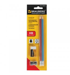 BRAUBERG Набор из 2-х чернографитовых карандашей, точилки, ластика в блистере