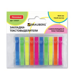 BRAUBERG Закладки-выделители клейкие, неоновые, пластиковые, 48х6 мм, 10х20 л., диспенсер, европодвес