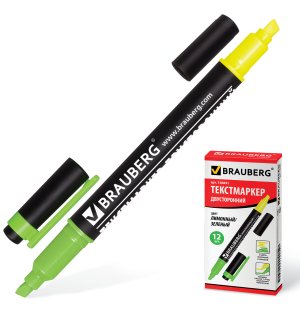 BRAUBERG Текстовыделитель двусторонний, желтый/зеленый, линия 1-4 мм