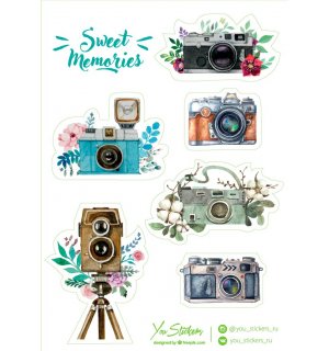 Акварельные фотоаппараты. Лист виниловых наклеек А5